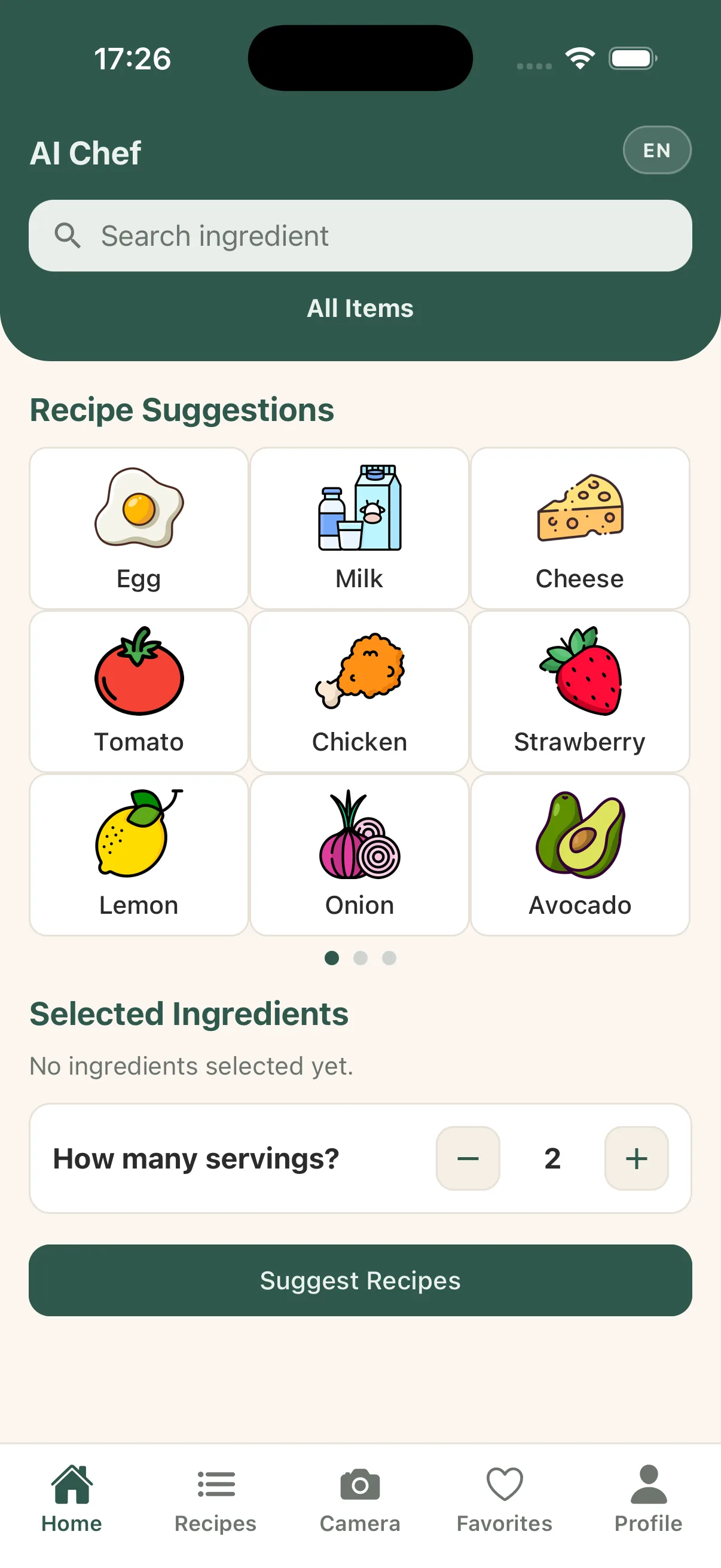 AI Chef mobil uygulamasının ana ekranı 1